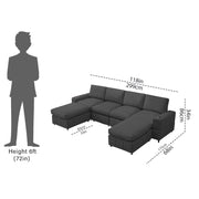 Rone 6 Seater L-Shaped & U-Shaped Sofas Set for Living Room – (Black Colour Fabric) Premium Comfort Sofa