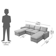 Rone 6 Seater L-Shaped & U-Shaped Sofas Set for Living Room – (Grey Colour Fabric) Premium Comfort Sofa