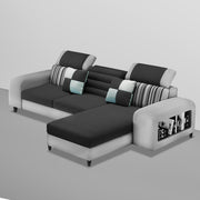 Samra RHS 4 Seater L Shape Sofa Set with 4 Puffy for Living Room (Black Grey Fabric) Premium Fabric Sofa
