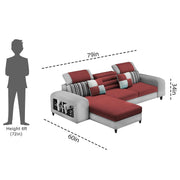 Samra LHS 4 Seater L Shape Sofa Set with 4 Puffy for Living Room (Maroon Grey Fabric) Premium Fabric Sofa