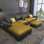 Blakey 6 Seater L Shape Sofa with Ottoman for Living Room (Black Yellow Fabric) Left Side