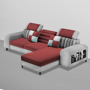 Samra RHS 4 Seater L Shape Sofa Set with 4 Puffy for Living Room (Maroon Grey Fabric) Premium Fabric Sofa
