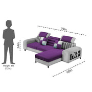 Samra RHS 4 Seater L Shape Sofa Set with 4 Puffy for Living Room (Purple Grey Fabric) Premium Fabric Sofa