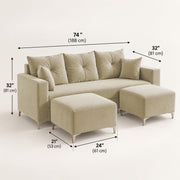 Casaliving Euron 4 Seater L Shape Convertible Sofa Set for Living Room, 3 Seater & 2 Ottoman Modular Sectional Couch for Small Space (Black Colour) Fabric