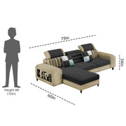 Samra LHS 4 Seater L Shape Sofa Set with 4 Puffy for Living Room (Cream Black Fabric) Premium Fabric Sofa