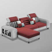 Samra LHS 4 Seater L Shape Sofa Set with 4 Puffy for Living Room (Maroon Grey Fabric) Premium Fabric Sofa