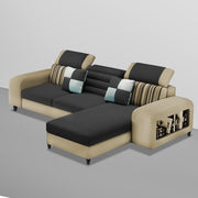 Samra RHS 4 Seater L Shape Sofa Set with 4 Puffy for Living Room (Cream Black Fabric) Premium Fabric Sofa