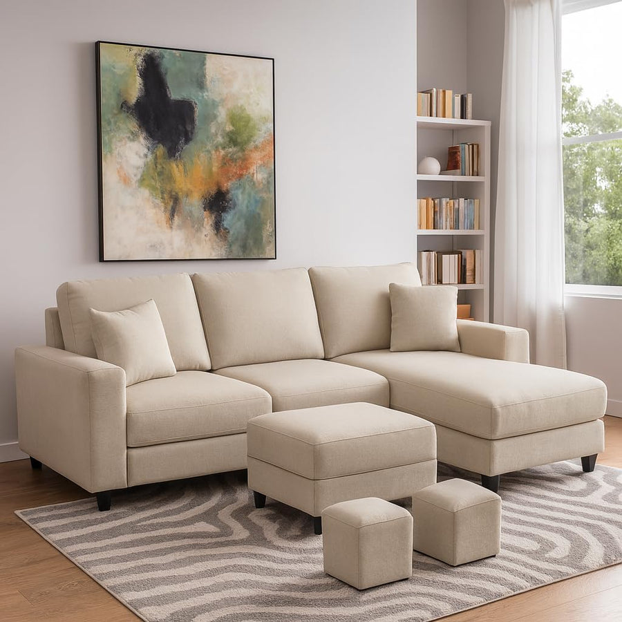 Casaliving Rolando RHS 4 Seater L Shape Sofa with 2 Puffy Set for Living Room | Sofa Set for Living Room (4S RHS - Ottoman, Cream Premium Fabric)