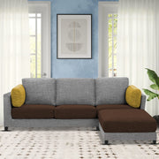 Nairo 4 Seater Interchangeable L Shape Sofa with Ottoman for Living Room (Brown Grey Fabric)