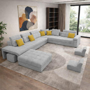 Casaling Urban Modern U-Shaped Sectional Sofa Set with Storage | 9 Seater Sofa Couch with Ottoman | Wooden Frame | Premium Colour Fabric | for Living Room & Guest Hall in (Black Colour)
