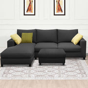 Rihan 4 Seater L Shape Sofa Set with Ottoman for Living Room (Black Fabric) Left Side Sofa