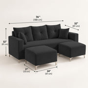 Casaliving Euron 4 Seater L Shape Convertible Sofa Set for Living Room, 3 Seater & 2 Ottoman Modular Sectional Couch for Small Space (Black Colour) Fabric