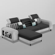 Samra LHS 4 Seater L Shape Sofa Set with 4 Puffy for Living Room (Black Grey Fabric) Premium Fabric Sofa