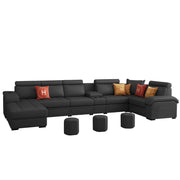 Emerson Modern U-Shaped Sectional Sofa Set 9 Seater, Sofa Couch with 3 Puffy for Hall (Black Colour) Premium Leatherette Fabric Sofa
