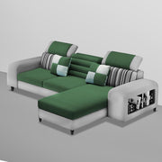 Samra RHS 4 Seater L Shape Sofa Set with 4 Puffy for Living Room (Green Grey Fabric) Premium Fabric Sofa