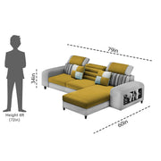 Samra RHS 4 Seater L Shape Sofa Set with 4 Puffy for Living Room (Yellow Grey Fabric) Premium Fabric Sofa