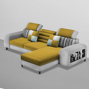 Samra RHS 4 Seater L Shape Sofa Set with 4 Puffy for Living Room (Yellow Grey Fabric) Premium Fabric Sofa