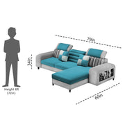 Samra RHS 4 Seater L Shape Sofa Set with 4 Puffy for Living Room (Turquise Grey Fabric) Premium Fabric Sofa