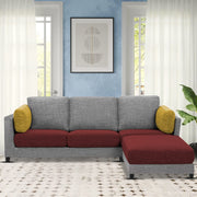 Nairo 4 Seater Interchangeable L Shape Sofa with Ottoman for Living Room (Maroon Grey Fabric)