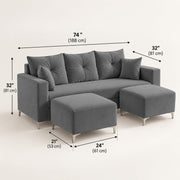 Casaliving Euron 4 Seater L Shape Convertible Sofa Set for Living Room, 3 Seater & 2 Ottoman Modular Sectional Couch for Small Space (Black Colour) Fabric