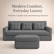 Casaliving Treshta 3 Seater with Ottomon Pull-Out Sofa Cum Bed (Black Color) Premium Fabric Sofa Set for Living Room | Bedroom