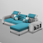 Samra RHS 4 Seater L Shape Sofa Set with 4 Puffy for Living Room (Turquise Grey Fabric) Premium Fabric Sofa
