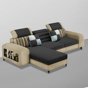 Samra LHS 4 Seater L Shape Sofa Set with 4 Puffy for Living Room (Cream Black Fabric) Premium Fabric Sofa
