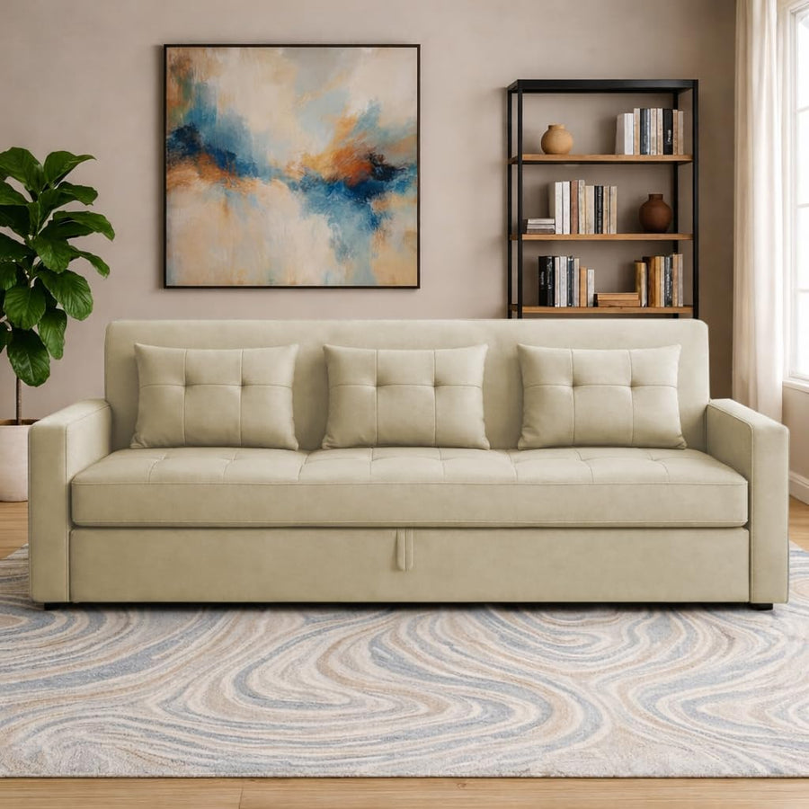 Casaliving Treshta 3 Seater Pull-Out Premium Fabric Sofa Cum Bed Sofa Set for Living Room (Cream Fabric Color) Premium Fabric Sofa Set for Living Room Sofa Cum Bed