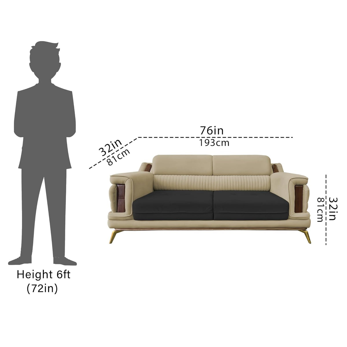 Falconar 3 Seater Sofa Set for Living Room (Cream Black Fabric) Premiu