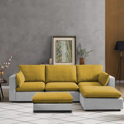 Amberlin 4 Seater Interchangeable L Shape Sofa with Ottoman for Living Room (Yellow Grey)