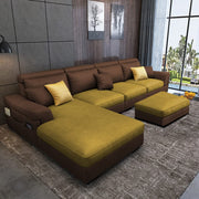 Blakey 6 Seater L Shape Sofa with Ottoman for Living Room (Brown Yellow Fabric) Left Side