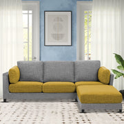 Nairo 4 Seater Interchangeable L Shape Sofa with Ottoman for Living Room (Yellow Grey Fabric)