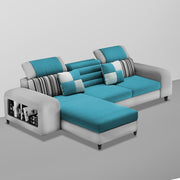 Samra LHS 4 Seater L Shape Sofa Set with 4 Puffy for Living Room (Turquise Grey Fabric) Premium Fabric Sofa