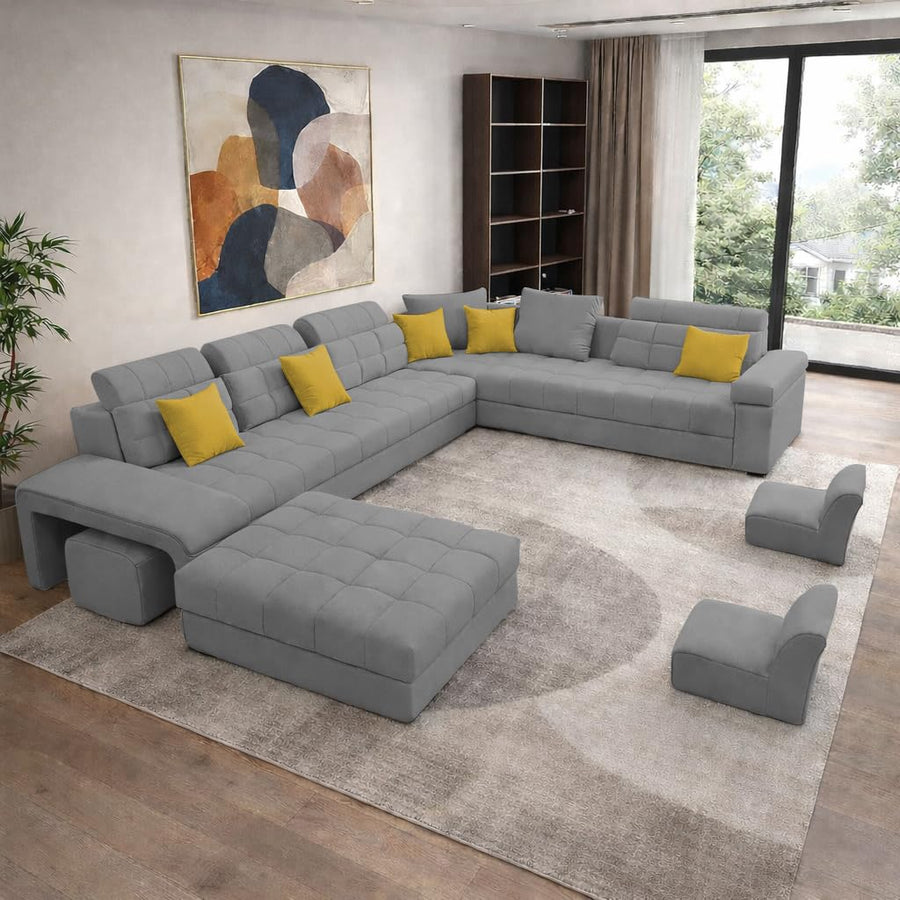 Casaling Urban Modern U-Shaped Sectional Sofa Set with Storage | 9 Seater Sofa Couch with Ottoman | Wooden Frame | Premium Colour Fabric | for Living Room & Guest Hall in (Black Colour)
