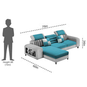 Samra LHS 4 Seater L Shape Sofa Set with 4 Puffy for Living Room (Turquise Grey Fabric) Premium Fabric Sofa