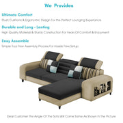 Samra RHS 4 Seater L Shape Sofa Set with 4 Puffy for Living Room (Cream Black Fabric) Premium Fabric Sofa