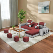 Samra RHS 4 Seater L Shape Sofa Set with 4 Puffy for Living Room (Maroon Grey Fabric) Premium Fabric Sofa