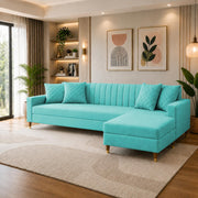Casaliving Grejoy 4 Seater L Shape Convertible Sofa Set for Living Room, 3 Seater & Ottoman Modular Sectional Couch for Small Space (Aqua Blue) Colour Premium Velvet Fabric Sofa
