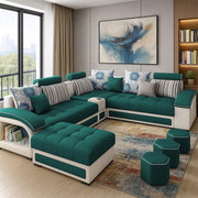 Casaliving Yamir Modern U-Shaped Sectional Sofa Set with Storage, 9 Seater, Sofa Couch with 4 Puffy for Hall Guest Room (Blue & Grey) Premium Fabric Sofa Set