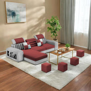 Samra LHS 4 Seater L Shape Sofa Set with 4 Puffy for Living Room (Maroon Grey Fabric) Premium Fabric Sofa