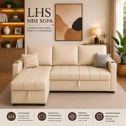 Casaliving Glanie LHS 4 Seater Corner Sofa Cum Bed for Living Room with Storage (Beige Fabric) Leatherette Fabric Sofa with Cup Holder