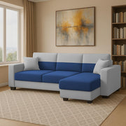 Aden RHS 4 Seater L Shape Sofa Set with 2 Puffy for Living Room (Blue Grey Colour Fabric) Premium Fabric Sofa Set for Living Room