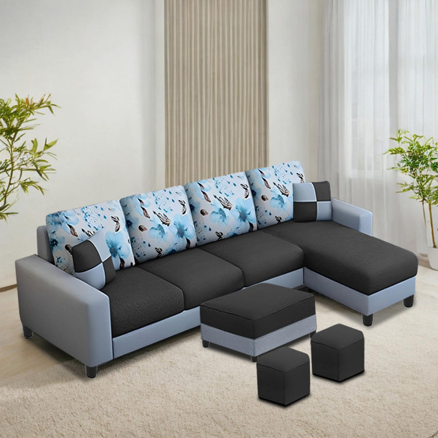Casaliving Rolando RHS 6 Seater L Shape Sofa Set with Center Table for Living Room | Colour - Black Grey | Premium Fabric Sofa