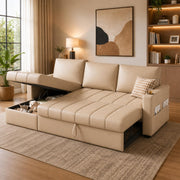 Casaliving Glanie LHS 4 Seater Corner Sofa Cum Bed for Living Room with Storage (Beige Fabric) Leatherette Fabric Sofa with Cup Holder