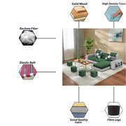 Samra RHS 4 Seater L Shape Sofa Set with 4 Puffy for Living Room (Green Grey Fabric) Premium Fabric Sofa