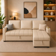 Casaliving Glanie LHS 4 Seater Corner Sofa Cum Bed for Living Room with Storage (Beige Fabric) Leatherette Fabric Sofa with Cup Holder