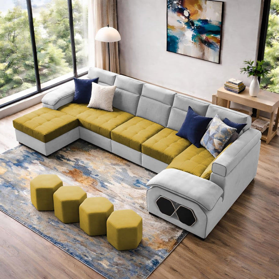 Auren 12 Seater L-Shape Comfortable Sectional Sofa Set with Ottoman for Living Room (Black Grey) Premium Fabric Sofa