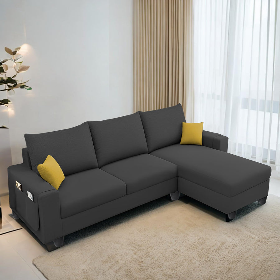 Casaliving Porto RHS 4 Seater L Shape Sofa Set for Living Room (Black Fabric) Premium Velvet Fabric Sofa Set - Black