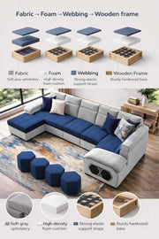 Auren 12 Seater L-Shape Comfortable Sectional Sofa Set with Ottoman for Living Room (Black Grey) Premium Fabric Sofa