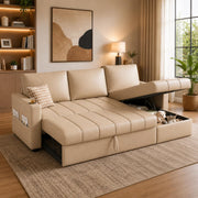 Casaliving Glanie LHS 4 Seater Corner Sofa Cum Bed for Living Room with Storage (Beige Fabric) Leatherette Fabric Sofa with Cup Holder